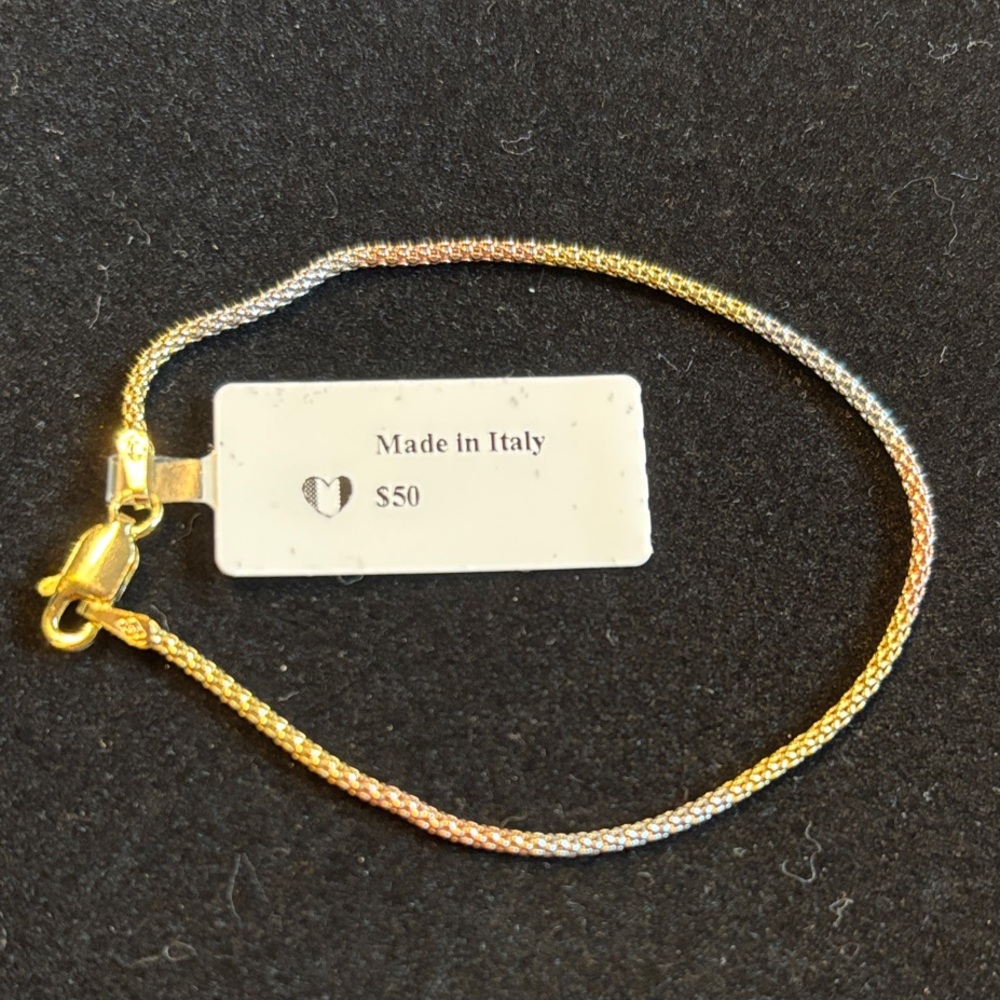 Tri-Colored 925 Sterling Silver Bracelet 6”